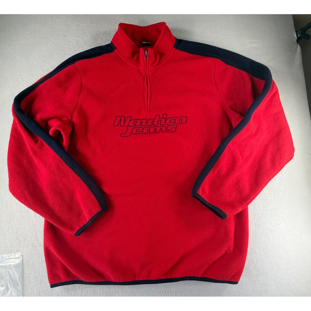 Nautica Jeans Fleece Pullover XXL Red Vintage Quarter Zip Streetwear Embroidered